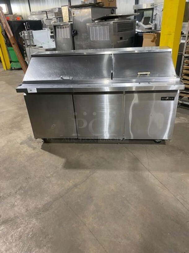 Spartan Commercial Refrigerated Sandwich Prep Table! With 3 Door Storage Space Underneath! Poly Coated Racks! All Stainless Steel! On Casters! Model: SST7230 115V