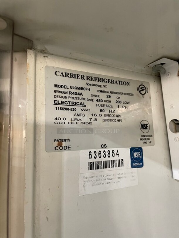 Carrier Commercial Double Glass Door Reach In Freezer/Merchandiser! With Poly Coated Racks! 115/208-230V 1 Phase! Model: ULG50BCP-5! - Image 7 of 9