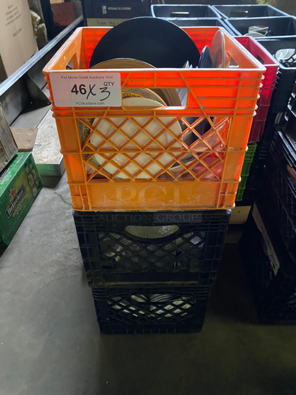 MISELLANEOUS! Assorted Size And Style Dishware! Includes Black Poly Crates! 3x Your Bid!