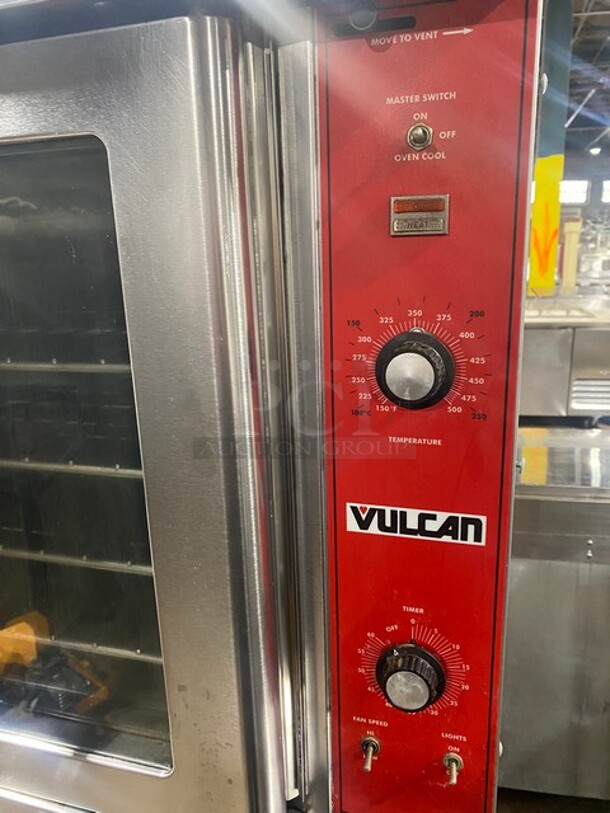 2 Vulcan VC4ED Stainless Steel Commercial Electric Powered Full Size Convection Ovens w/ View Through Doors! Metal Oven Racks and Thermostatic Controls! MODEL VC4ED SN:541041048 3/1 PH  208 Volts 2X Your Bid! Makes One Unit!  - Image 9 of 11