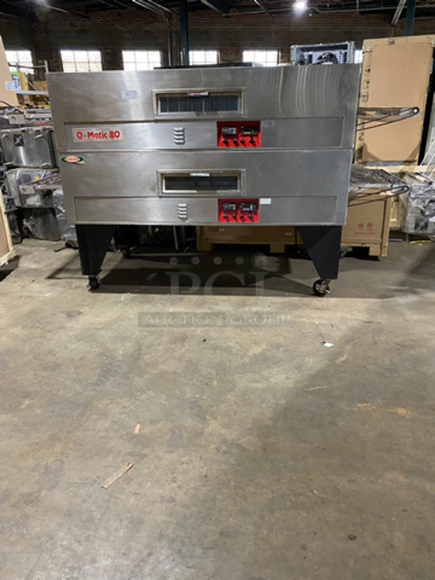 Q Matic Commercial Natural Gas Powered Double Deck Conveyor Pizza Oven! All Stainless Steel! On Casters! 2x Your Bid Makes One Unit! Model: Q80 SN: 200005481