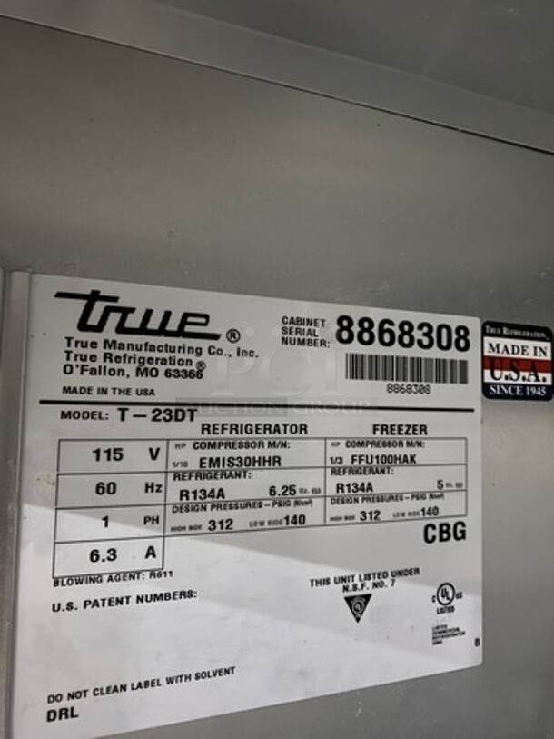 Sweet! True Commercial Split Door Dual Temp Half Cooler Half Freezer Combo Unit! All Stainless Steel! On Casters! Model: T23DT SN: 8868308 115V 60HZ 1 Phase - Image 8 of 11