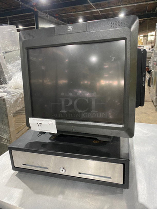 Countertop NCR Touchscreen Cashier Monitor! With Card Swipe! On Black Cash Box! With PowerVar Outlet Power Conditioner!