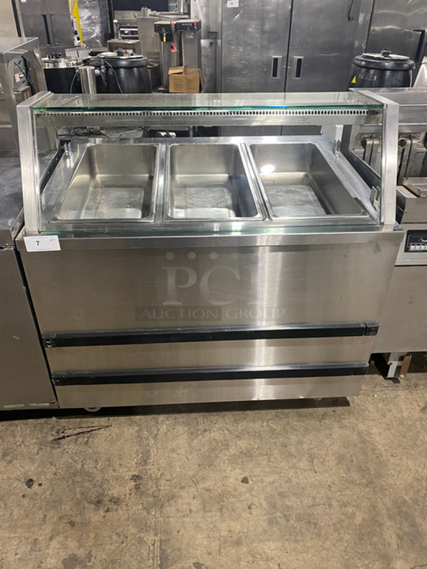 Hussman Commercial Refrigerated 3 Well Steam Table! With Sneeze Guard! All Stainless Steel! On Casters! WORKING WHEN REMOVED! Model: FSH43WELL SN: 1031101200118501 