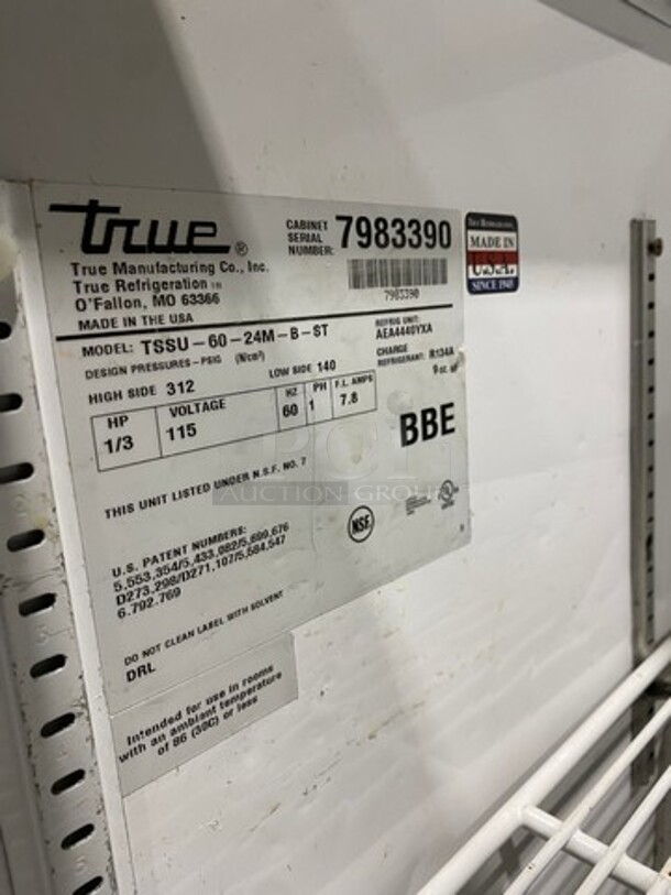 True Commercial Refrigerated Mega Top Sandwich Prep Table! With 2 Door Underneath Storage Space! With Poly Coated Racks! All Stainless Steel! On Casters! WORKING WHEN REMOVED! Model: TSSU6024MBST SN: 7983390 115V 60HZ 1 Phase - Image 7 of 9