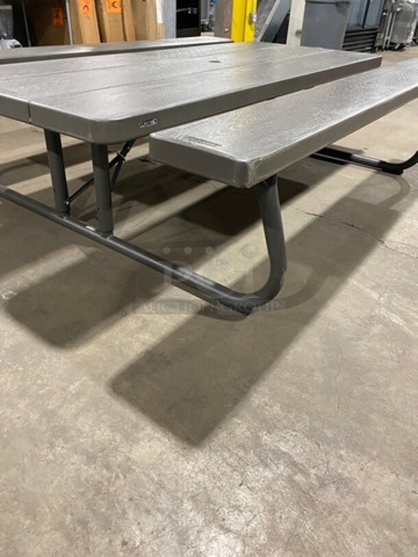 NICE! Lifetime Wooden Pattern Poly Picnic Table! With Dual Side Bench Seats! With Foldable Legs! - Image 4 of 7