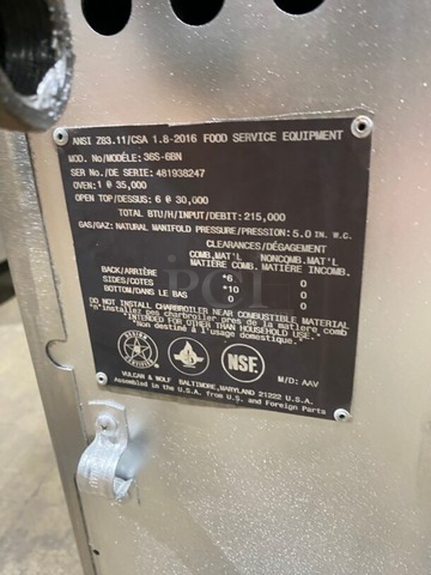 Vulcan Commercial Natural Gas Powered 6 Burner Stove! With Raised Back Splash And Salamander Shelf! With Oven Underneath! All Stainless Steel! Model: 36S6BN SN: 481938247 - Image 8 of 9