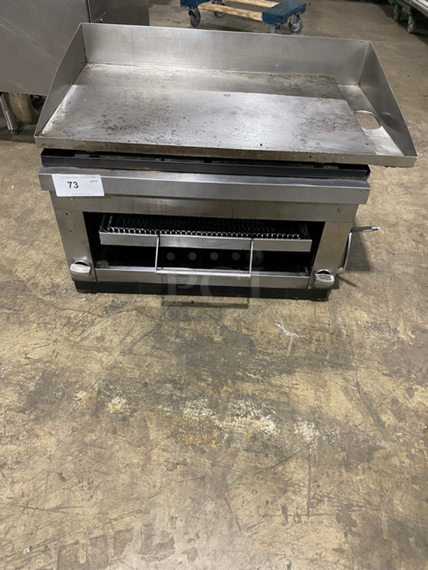 NICE! Commercial Natural Gas Powered Flat Griddle! With Salamander Underneath! With Side And Back Splashes! All Stainless Steel!