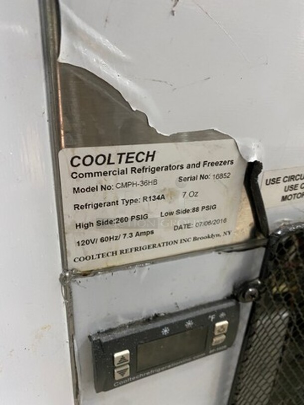 LATE MODEL! 2016 Cool Tech Commercial Bakery Case Merchandiser! With Slanted Front Glass! With Stainless Steel Shelves! With Rear Access Doors! WORKING WHEN REMOVED! Model: CMPH36HB SN: 16852 120V 60HZ - Image 7 of 8