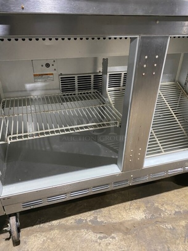Nice! Beverage Air Commercial Refrigerated Sandwich Prep Table! With Commercial Cutting Board! With 2 Door Underneath Storage Space! With Poly Coated Racks! All Stainless Steel! On Casters! Model: SPE4812 115V 60HZ 1 Phase! Working When Removed! - Image 6 of 9
