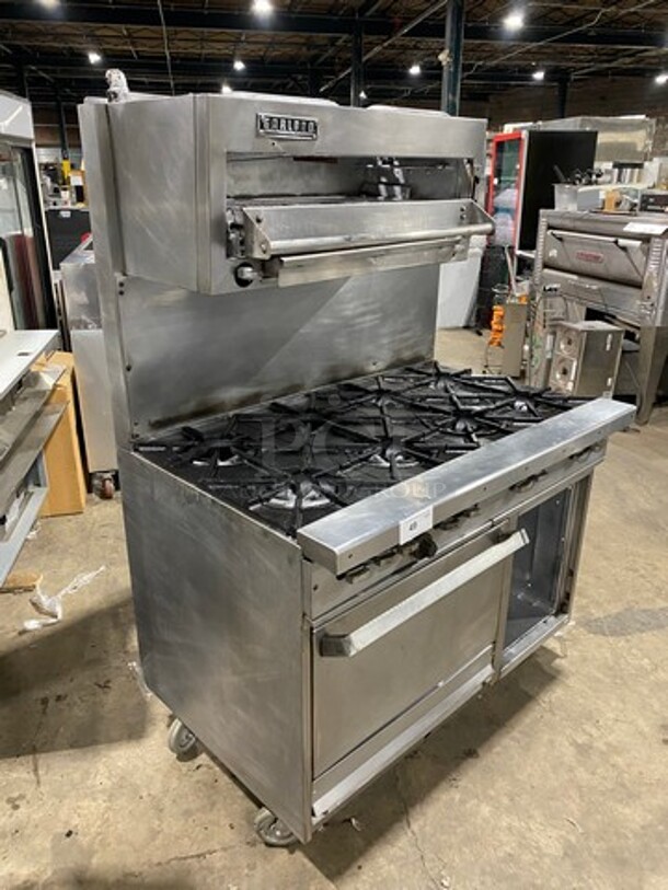 Garland Commercial Gas Powered 8 Burner Stove! With Raised Back Splash And Salamander! With Oven Underneath! All Stainless Steel! On Casters! - Image 11 of 12