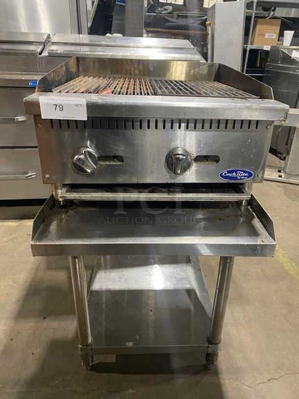 LATE MODEL! 2022 Cook Rite Commercial Countertop Natural Gas Powered Char Broiler Grill! With Back & Side Splashes! On Commercial Equipment Stand! All Stainless Steel! With Underneath Storage Space! Model ATRC24 Serial ATRC24AUS100322070800C40027! On Legs! - Image 1 of 9