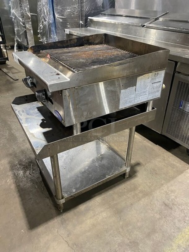 LATE MODEL! 2022 Cook Rite Commercial Countertop Natural Gas Powered Char Broiler Grill! With Back & Side Splashes! On Commercial Equipment Stand! All Stainless Steel! With Underneath Storage Space! Model ATRC24 Serial ATRC24AUS100322070800C40027! On Legs! - Image 2 of 9