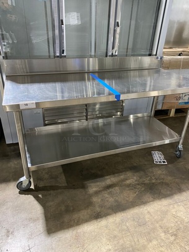 WOW! NEW! NEVER USED! Emi Heavy Duty Heavy Gage Welded Work Top/ Prep Table! With Back Splash! With Storage Space Underneath! Stainless Steel! On Casters! - Image 1 of 7