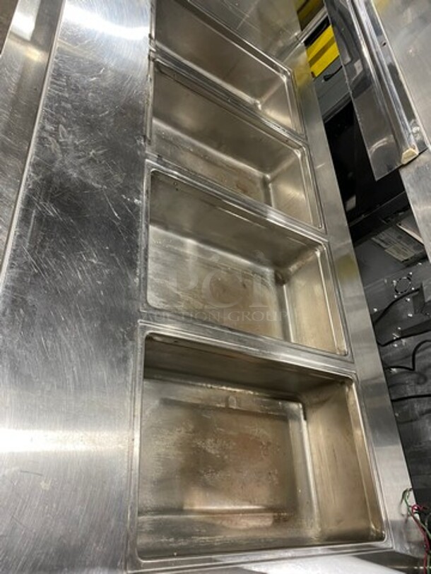 AWESOME! Delfield Commercial Custom Made Electric Powered 4 Well Steam Table! With Over Head Shelf! With Storage Space Underneath! All Stainless Steel! On Legs! WORKING WHEN REMOVED! Model: V1416032 SN: 84833601M 208/30V 60HZ 1 Phase - Image 4 of 9