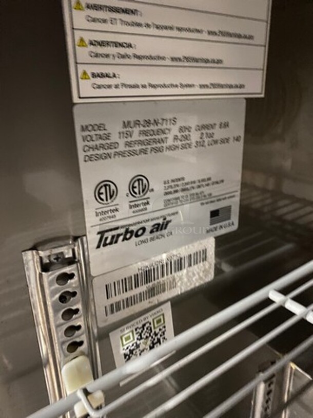 Turbo Air Commercial Single Door Lowboy/ Worktop Cooler! All Stainless Steel! Model: MUR28N711S SN: H2K0U2REX0762 115V 60HZ 1 Phase - Image 7 of 8