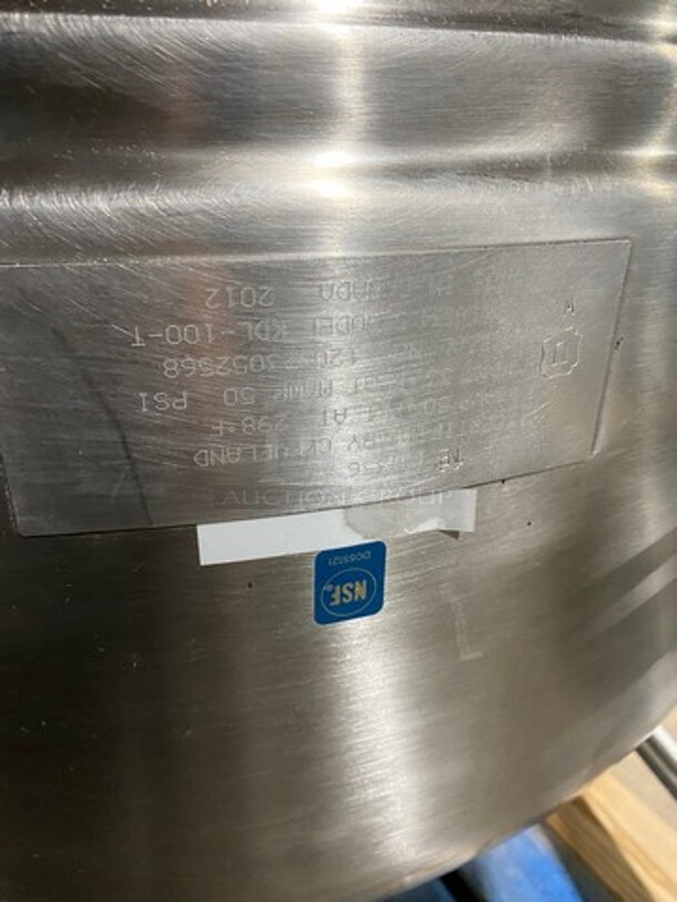 NICE! 2012 Cleveland Commercial 100 Gallon Tilting Soup Kettle! All Stainless Steel! Model: KDL100T SN: 120323052568 - Image 8 of 9