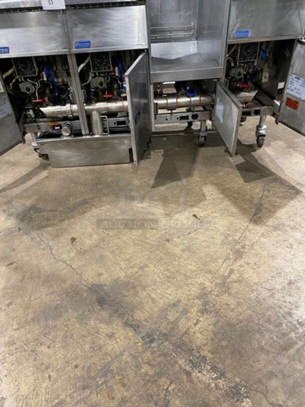 FAB! Pitco Frialator Commercial Natural Gas Powered 3 Bay Deep Fat Fryer! With Middle Fryer Basket Rack! With Oil Filter System! All Stainless Steel! On Casters! Model: SGH50 SN: G09DC011392 - Image 8 of 11