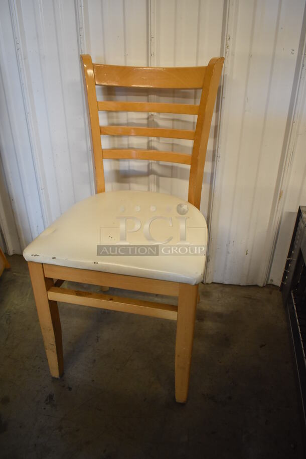4 Wooden Dining Height Chairs w/ Tan Seat Cushion. Stock Picture - Cosmetic Condition May Vary. 17x20x34. 4 Times Your Bid! - Image 3 of 5