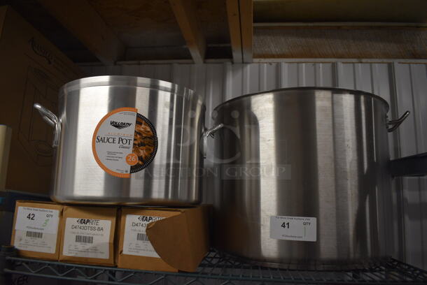 2 BRAND NEW! Various Stainless Steel Stock Pots w/ 1 Lid. 18x14.5x10.5, 24.5x20.5x16. 2 Times Your Bid!