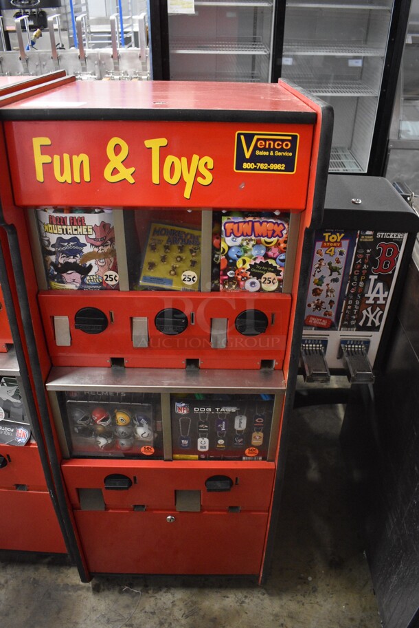 Red Floor Style 5 Compartment Toy Vending Machine w/ Black Metal 2 Well Tattoo Side Attachment. 34x23x27