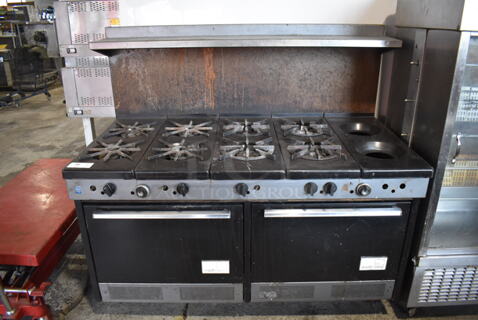 Southbend Metal Commercial Natural Gas Powered 10 Burner Range w/ 2 Ovens, Over Shelf and Back Splash. Missing 2 Burners and 2 Spider Grates. 61x33x57