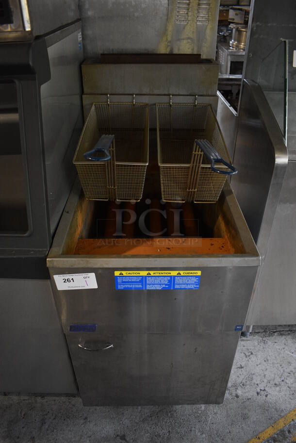 2019 Pitco Frialator 65C Stainless Steel Commercial Floor Style Natural Gas Powered Deep Fat Fryer w/ 2 Metal Fry Baskets. 150,000 BTU. 20x35x48