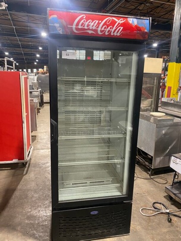Carrier Commercial Single Door Reach In Refrigerator Merchandiser! With View Through Door! With Poly Coated Racks! Model: MC750 SN: 2607X85460 120V 60HZ 1 Phase