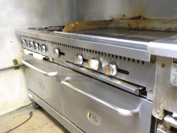 TESTED AND WORKING! Cooking Performance Group (CPG) Commercial Natural Gas Powered 4-Burner, Flat Griddle Stove With 2-Full Sized Ovens, Raised Backsplash and Overhead Salamander Shelf. On Castors. 
240,000 BTU

Range 60" 
4 Burner Griddle 36" 
STD Oven NAT

Orifice Size: 36 Griddle: 44 Oven: 36

Item 351560G36N - Image 5 of 6