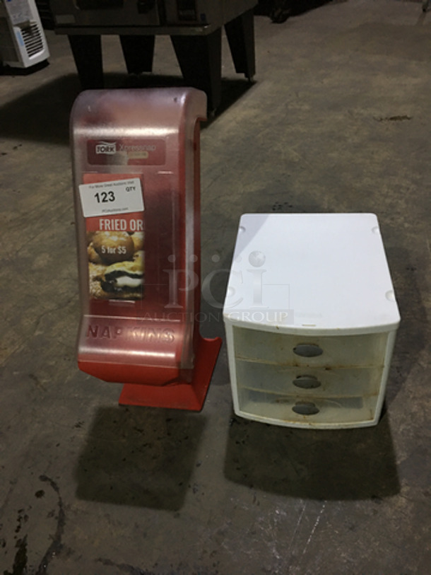 Miscellaneous! 1 Red Commercial Napkin Dispenser! 1 White 3 Drawer Storage Organizer!
