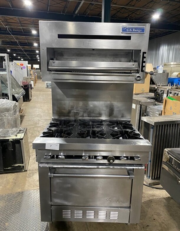 Sunfire Commercial Natural Gas Powered 6 Burner Stove! With Raised Backsplash & US Range Cheese Melter/Salamander Overhead! With Full Size Oven Underneath! All Stainless Steel! On Commercial Casters! - Item #1108988