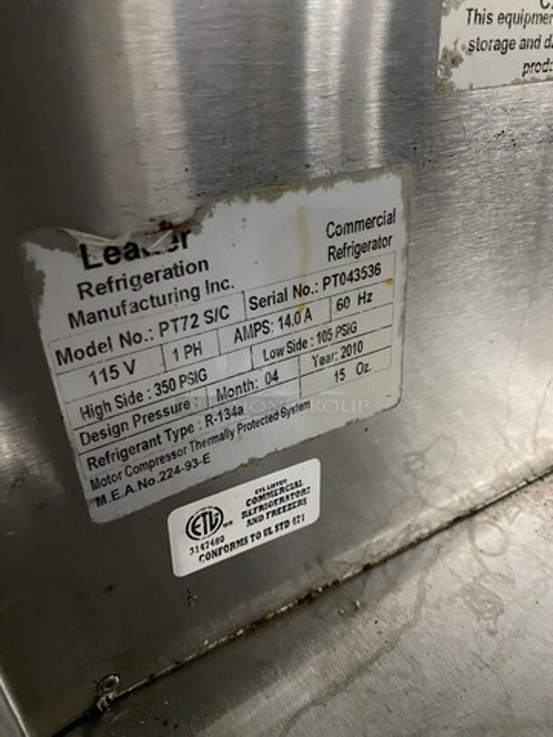 Leader Commercial Refrigerated Marble Top Pizza Prep Table! With 3 Door Underneath Storage Space! All Stainless Steel! On Casters! Model: PT72 SN: PT043536 115V 60HZ 1 Phase - Image 7 of 10
