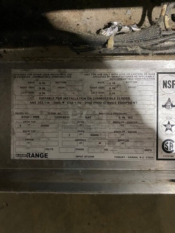 Blodgett Commercial Natural Gas Powered 6 Burner Stove! With Raised Back Splash And Salamander Shelf! With Oven Underneath! All Stainless Steel! On Legs! Model: B36DBBB SN: 08D64916 - Image 12 of 12