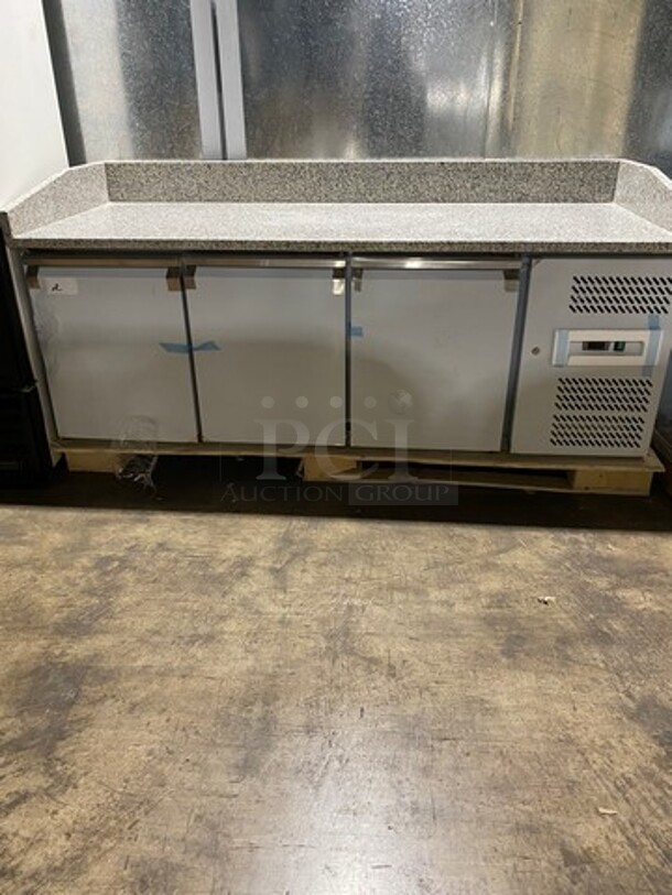 AMAZING! NEW! SCRATCH-N-DENT! Omcan Commercial Refrigerated Italian Style Marble Top Pizza Prep Table! With 3 Door Storage Space Underneath! Poly Coated Racks! All Stainless Steel! Model: PTCN0581 110V - Image 1 of 12