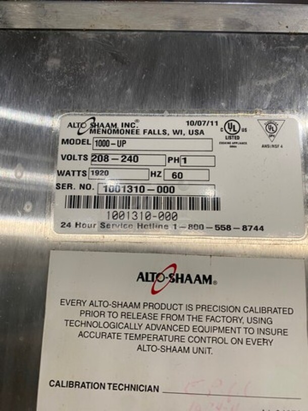 SWEET! Alto Shaam Commercial Heated Holding Cabinet/ Food Warmer! All Stainless Steel! On Casters! Model: 1000UP SN: 1001310000! 208/240V 60HZ 1 Phase! Working When Removed! - Image 5 of 10