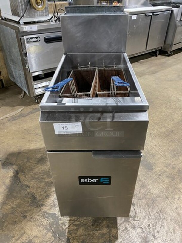 Asber Commercial Natural Gas Powered Deep Fat Fryer! With Metal Frying Baskets! With Backsplash! All Stainless Steel! On Casters!