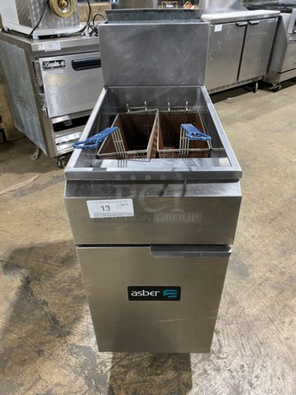 Asber Commercial Natural Gas Powered Deep Fat Fryer! With Metal Frying Baskets! With Backsplash! All Stainless Steel! On Casters! - Image 1 of 8