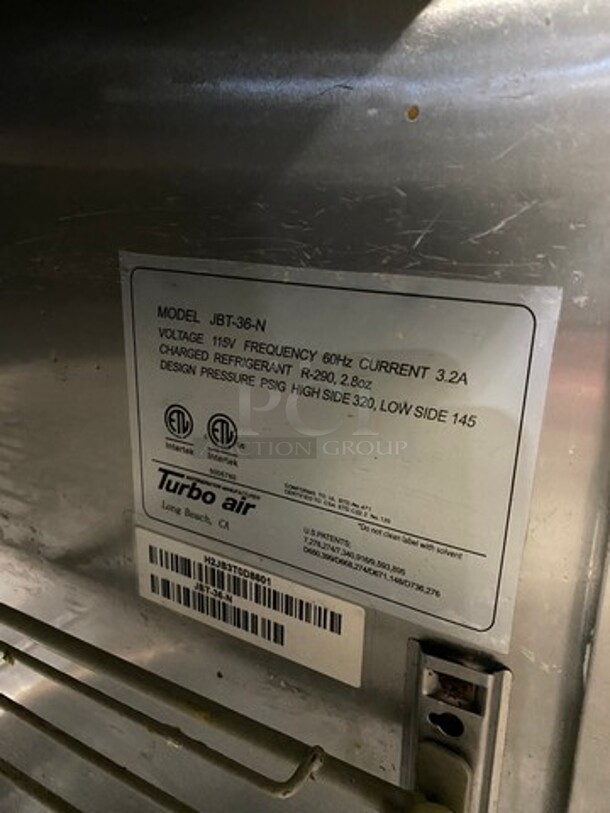 Turbo Air Commercial Single Door Lowboy/ Worktop Cooler! All Stainless Steel! On Casters! WORKING WHEN REMOVED! Model: JBT36N SN: H2JB3T0D8601 115V - Image 6 of 9