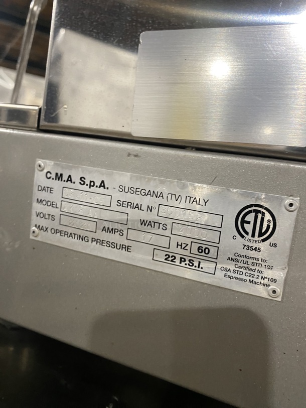 CMA Italy Commercial Countertop Espresso Machine! With Dual Coffee Bean Grinder! All Stainless Steel! Model: AK2AA SN:360152 220/230V - Image 5 of 9