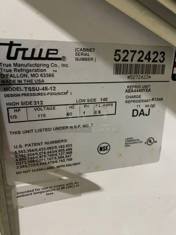 True Commercial Refrigerated Sandwich Prep Table! With Commercial Cutting Board! With 2 Door Underneath Storage Space! Poly Coated Racks! All Stainless Steel! On Casters! Model: TSSU4812 SN: 5272423 115V 60HZ 1 Phase - Image 6 of 9