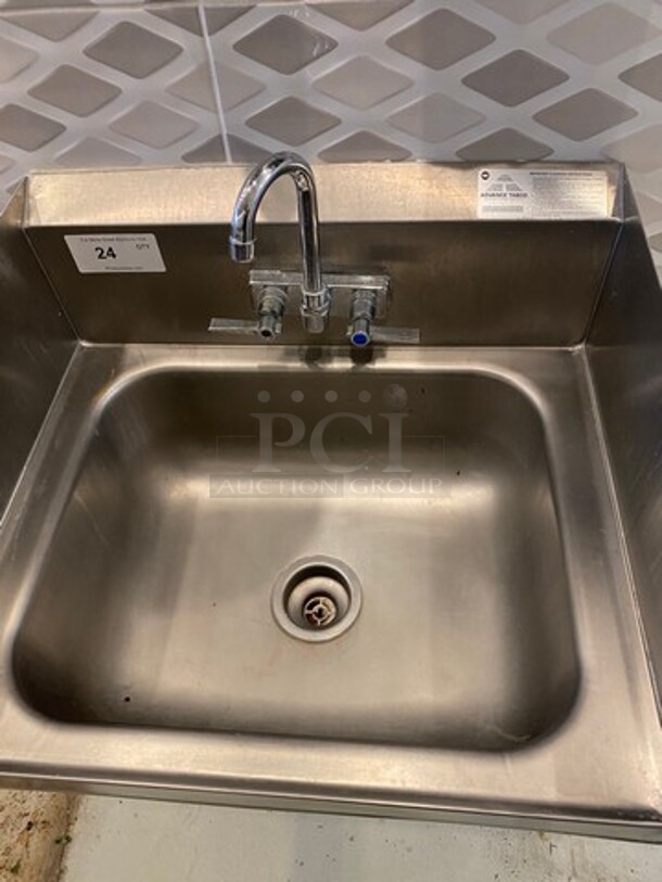 Advance Tabco Commercial Stainless Steel Hand Sink! With Raised Back And Side Splashes! With Faucet And Handles! - Image 4 of 6