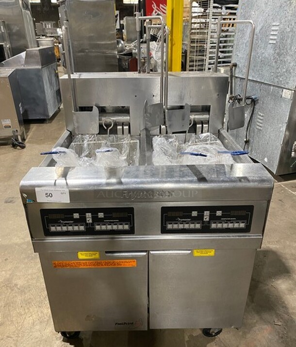 Frymaster Commercial Electric Powered 2 Bay Deep Fat Fryer! With Hydraulic Lift, Metal Frying Baskets! All Stainless Steel! On Casters! MODEL FPRE217BLCSE SN:1103NE0091 208V 3PH 