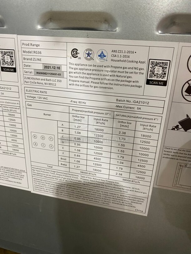 Zline Commercial Gas Powered 6 Burner Stove! With Oven Underneath! Stainless Steel! MODEL RG36 SN: RG36GE2112049103 120V - Image 8 of 10
