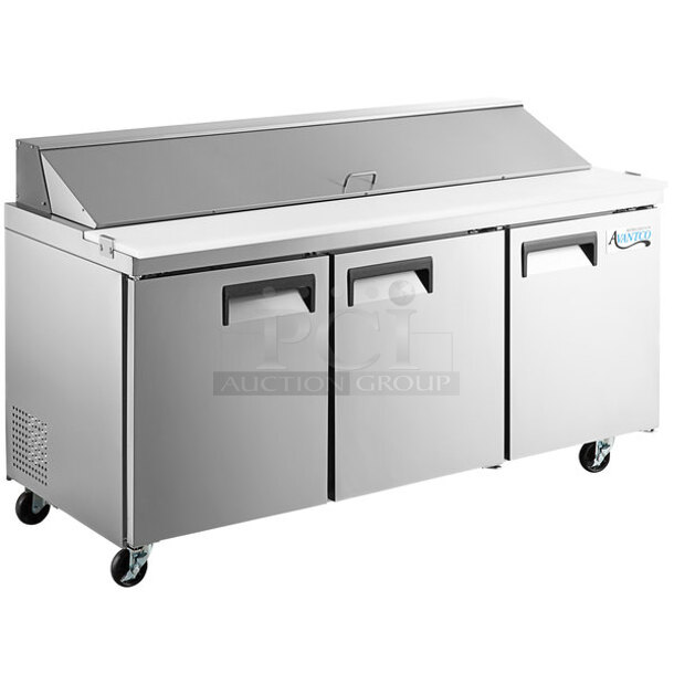 BRAND NEW SCRATCH AND DENT! 2023 Avantco 178APT71HC Stainless Steel Commercial Sandwich Salad Prep Table Bain Marie Mega Top on Commercial Casters. 115 Volts, 1 Phase. Stock Picture Used as Gallery. Tested and Working!