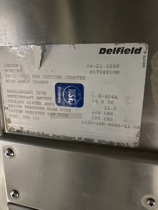 Delfield All Stainless Steel Refrigerated Cold Pan! With Stainless Frame For Sneeze Guard! With Fold Work/Prep Counter! With Underneath Storage! Model SCSC-60 Serial 81724910M! 115V 1 Phase! On Commercial Casters! - Image 8 of 9