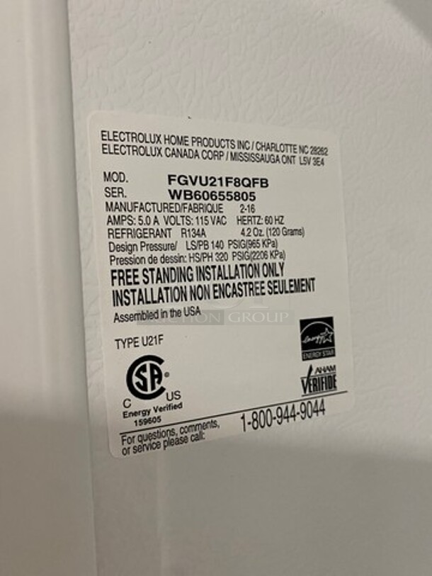 Frigidaire Single Door Reach In Refrigerator! With Poly Shelves! Stainless Steel Body! WORKING WHEN REMOVED! Model: FGVU21F8QFB SN: WB60655805 115V - Image 8 of 9