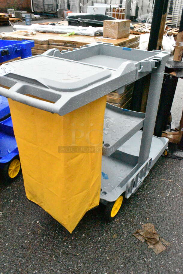 BRAND NEW SCRATCH AND DENT! Lavex 274GRYCARTWB Premium Gray 3-Shelf Janitor Cart Kit with Yellow Bag, Black Zipper Bag and Lid - Image 1 of 7