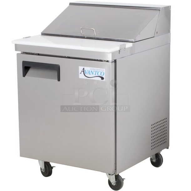 BRAND NEW SCRATCH AND DENT! 2024 Avantco 178APT27HC Stainless Steel Commercial Sandwich Salad Prep Table Bain Marie Mega Top on Commercial Casters. 115 Volts, 1 Phase. Tested and Working! - Image 1 of 7