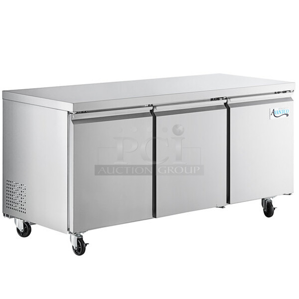 BRAND NEW SCRATCH AND DENT! 2023 Avantco 178SSUC72RHC Stainless Steel Commercial 3 Door Undercounter Cooler on Commercial Casters. 115 Volts, 1 Phase. Tested and Working!