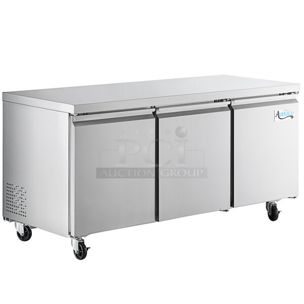 BRAND NEW SCRATCH AND DENT! 2023 Avantco 178SSUC72RHC Stainless Steel Commercial 3 Door Undercounter Cooler on Commercial Casters. 115 Volts, 1 Phase. Tested and Working! - Image 1 of 10